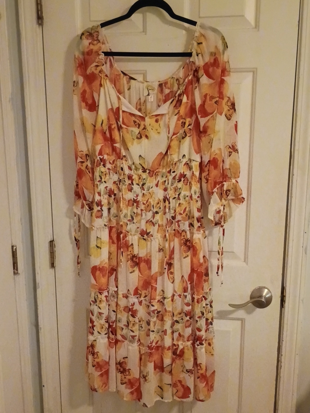 fig and flower Cream Floral Orange-Yellow Tiered Midi Dress